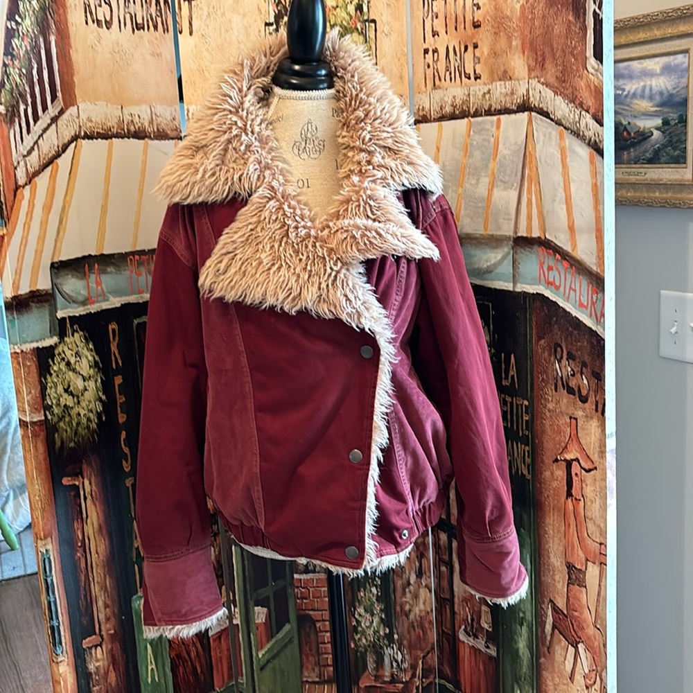 Free People Red Faux Fur Trim Jacket
